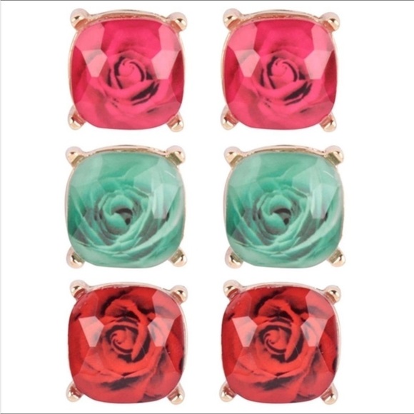 3 PAIR ASSORTED ROSE PETAL GLASS 3 DIMENSIONAL EARNINGS IN RED GREEN AND PINK 1” - Picture 1 of 4
